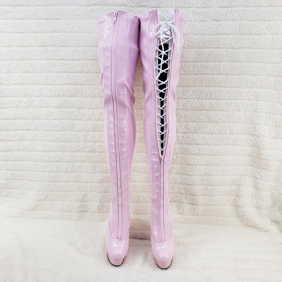 Baby Pink White Patent Platform Thigh High Heel Front Zipper / Lace up Boots - Picture 6 of 12